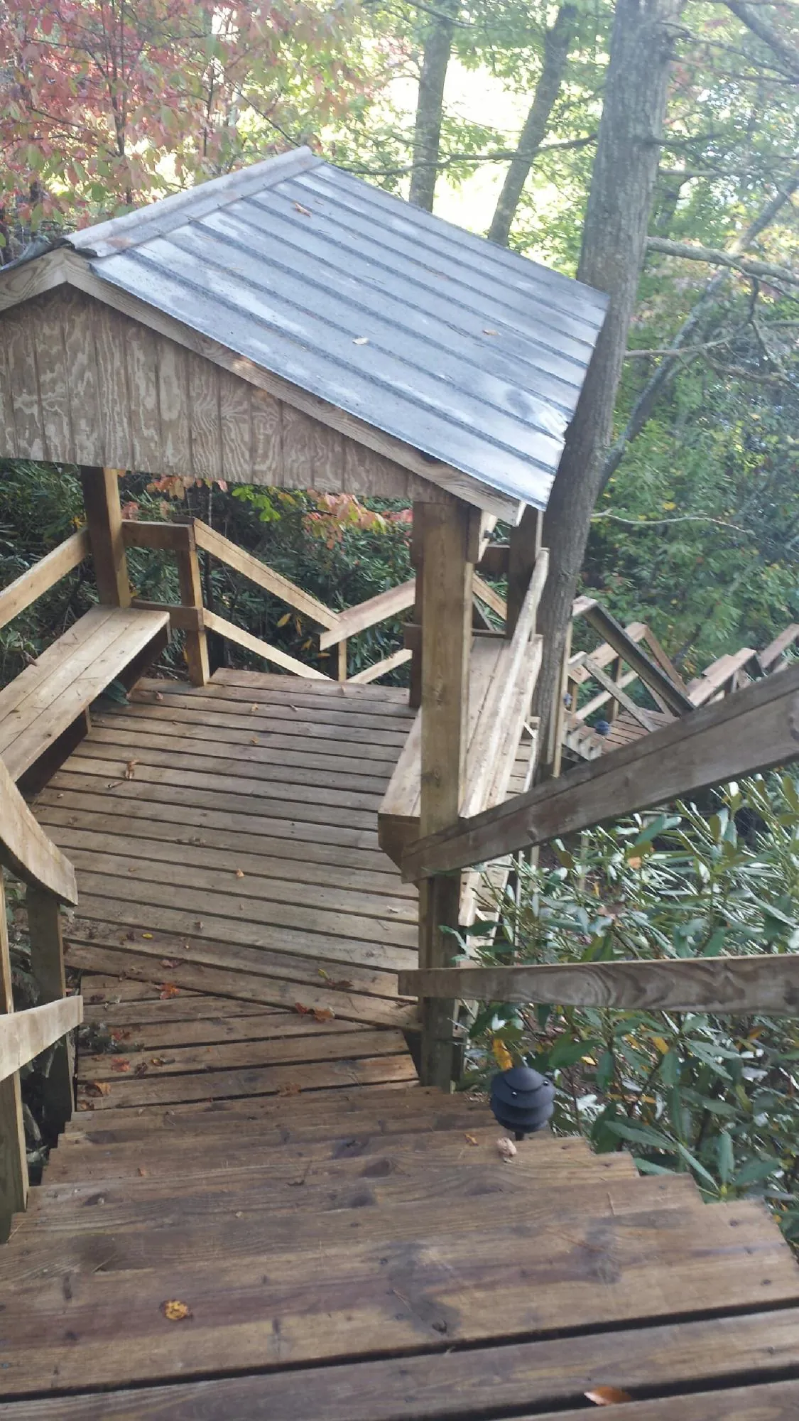 Metal roofed shelter over wooden steps on a wooded walkway — Skylight Repair & Installation work by our crew in Grand Prairie